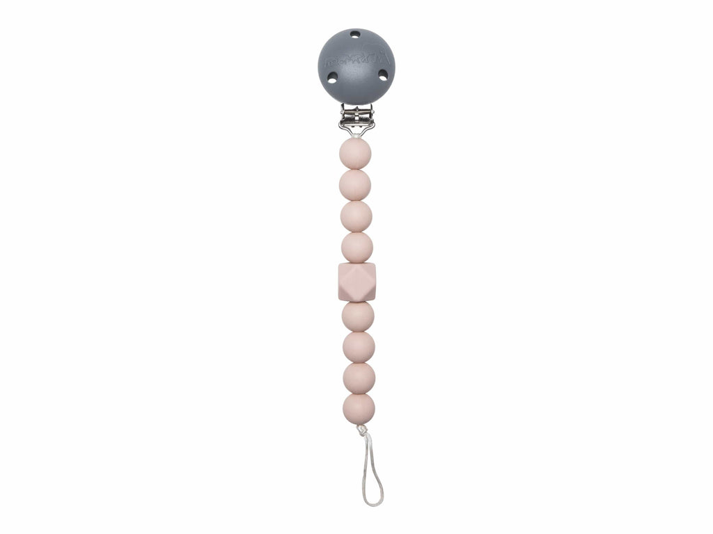 Rose pink chewy pacifier clip with soft textured teething beads and secure clothing clasp — view 2