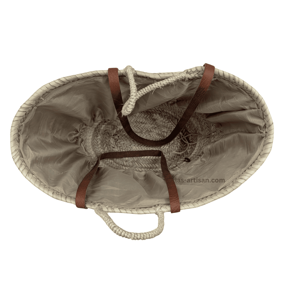 Handwoven natural wicker beach bag with leather shoulder handles and optional custom inscription — view 3