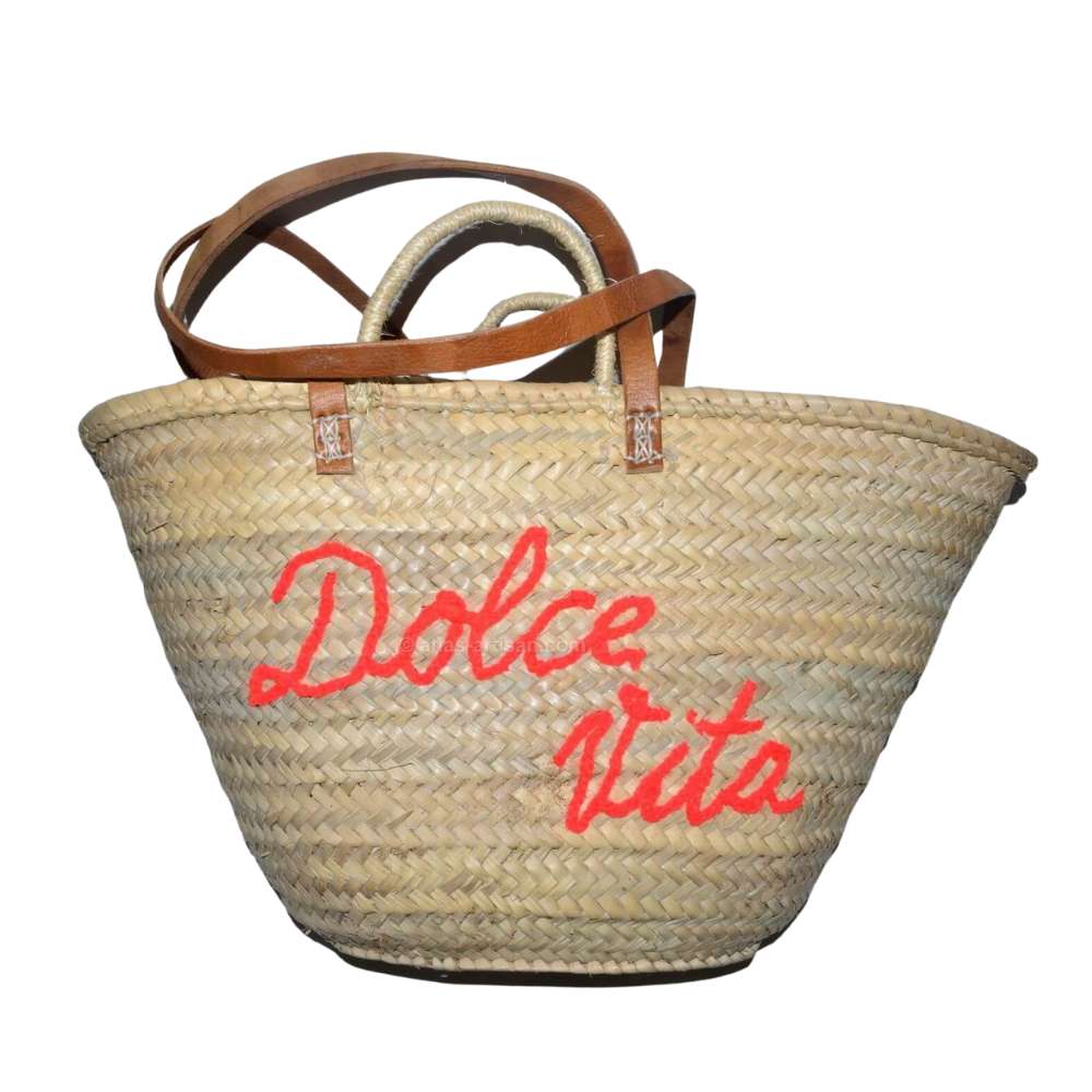 Handwoven natural wicker beach bag with leather shoulder handles and optional custom inscription — view 4