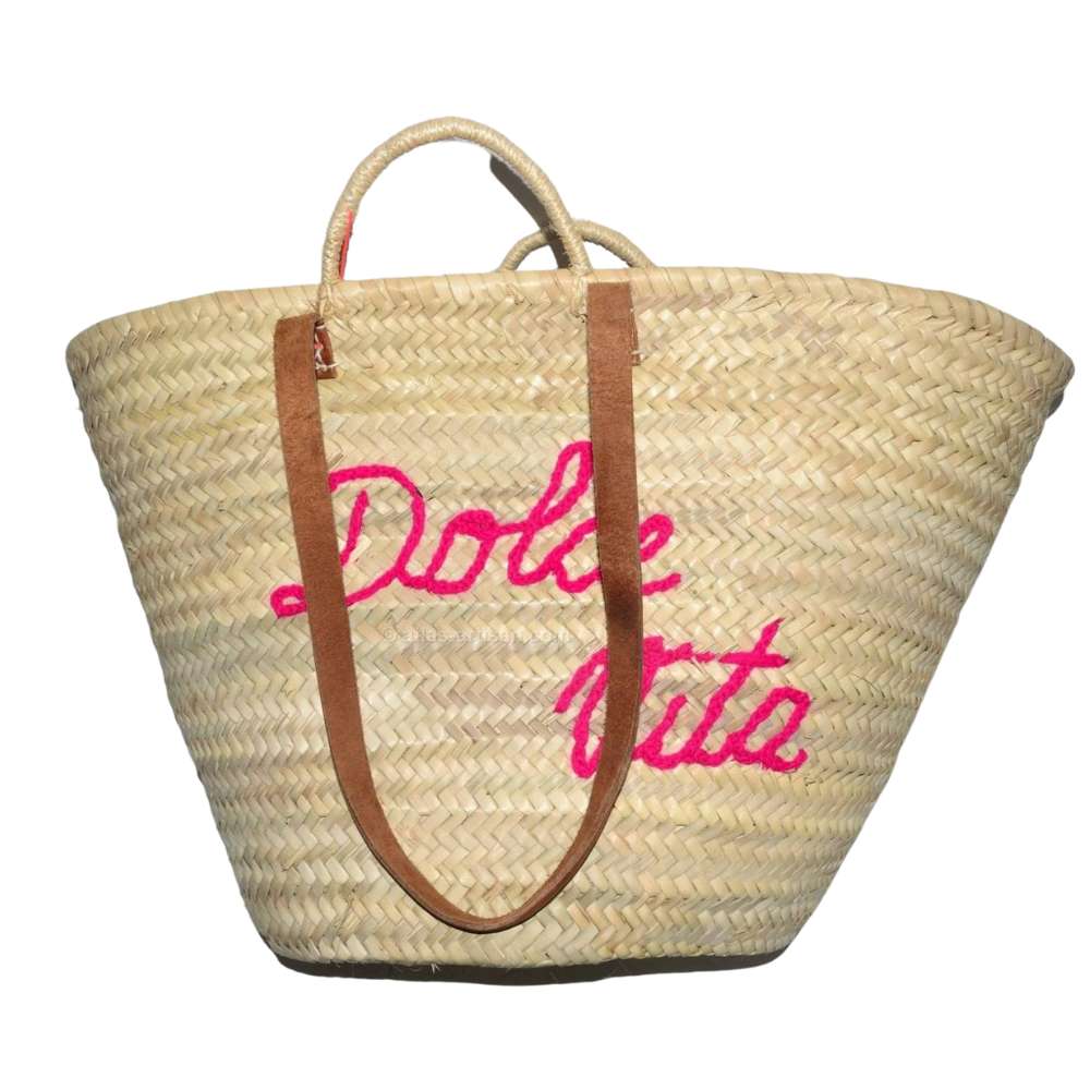 Handwoven natural wicker beach bag with leather shoulder handles and optional custom inscription — view 5
