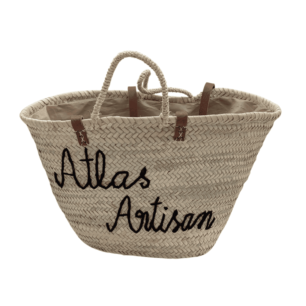 Handwoven natural wicker beach bag with leather shoulder handles and optional custom inscription — view 2