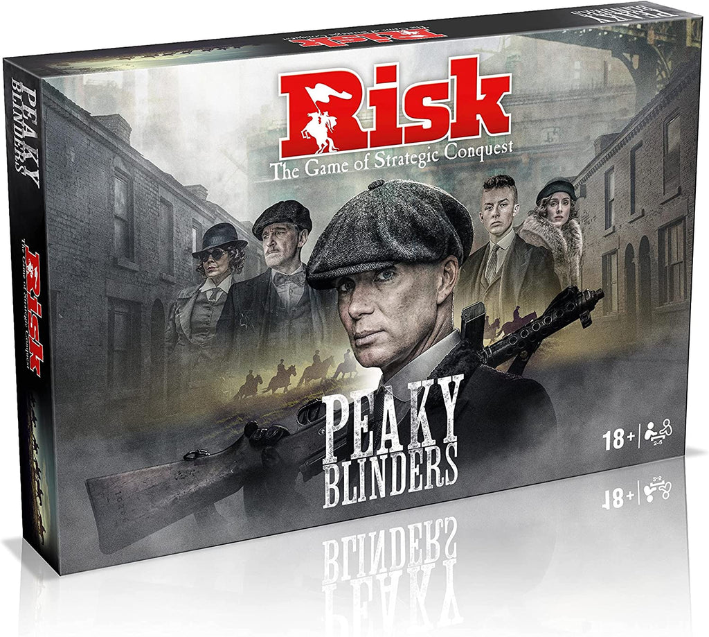 Risk Peaky Blinders strategy board game box and pieces featuring Thomas Shelby artwork and map