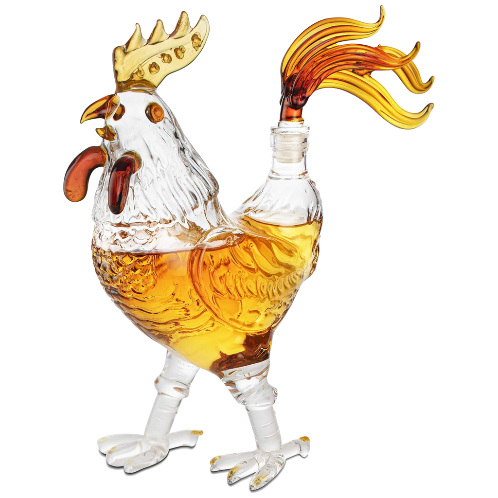 Rooster shaped 500ml glass whiskey decanter with colored accents and tail stopper — view 2