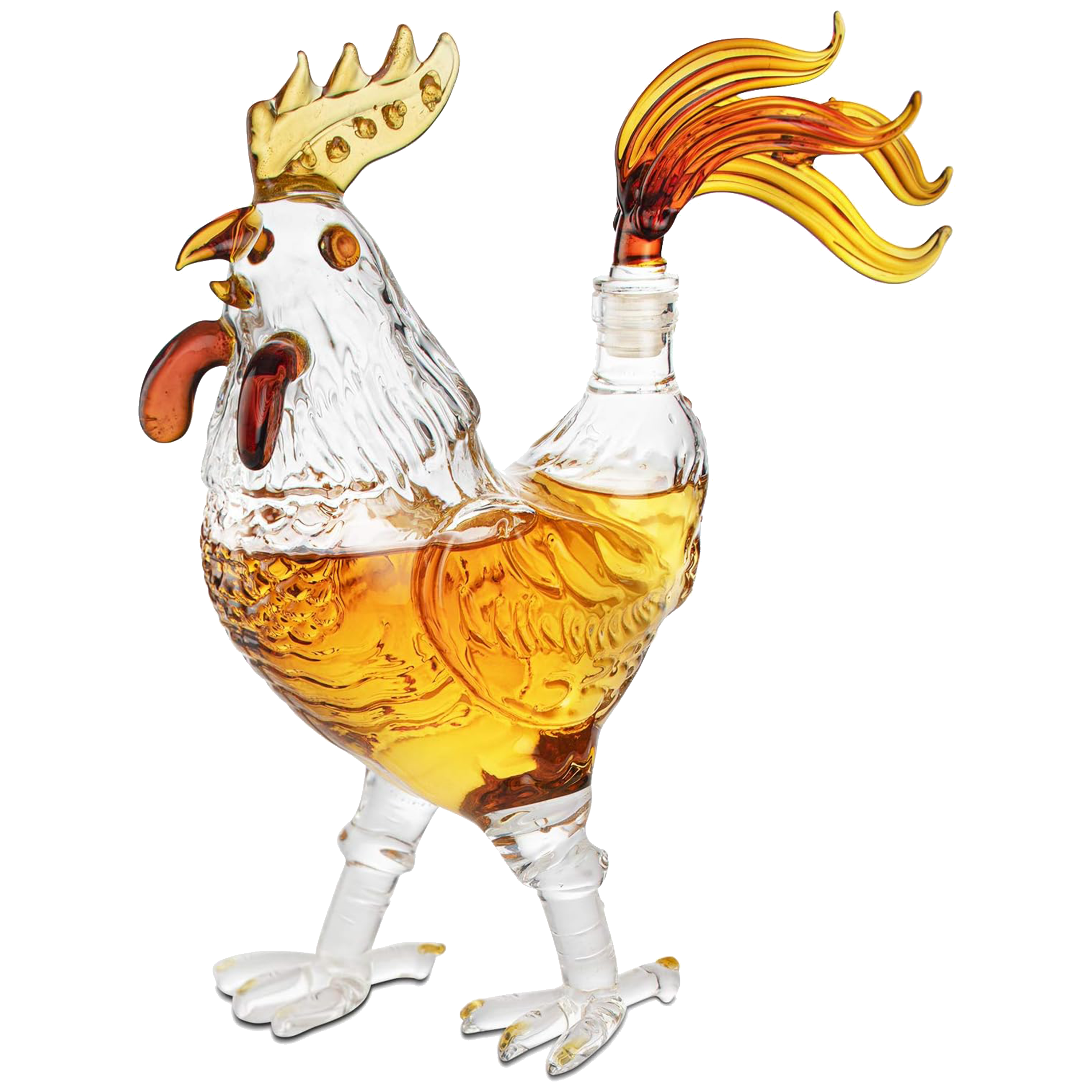Rooster shaped 500ml glass whiskey decanter with colored accents and tail stopper — view 2