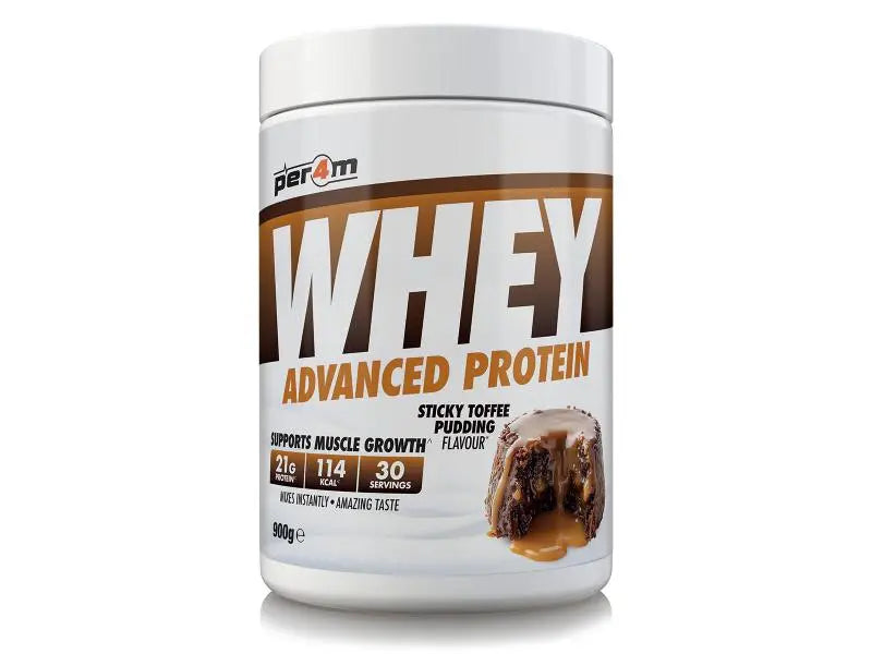 Per4m Advanced Whey Protein powder tub 900g, delicious dietary supplement for daily lean muscle recovery