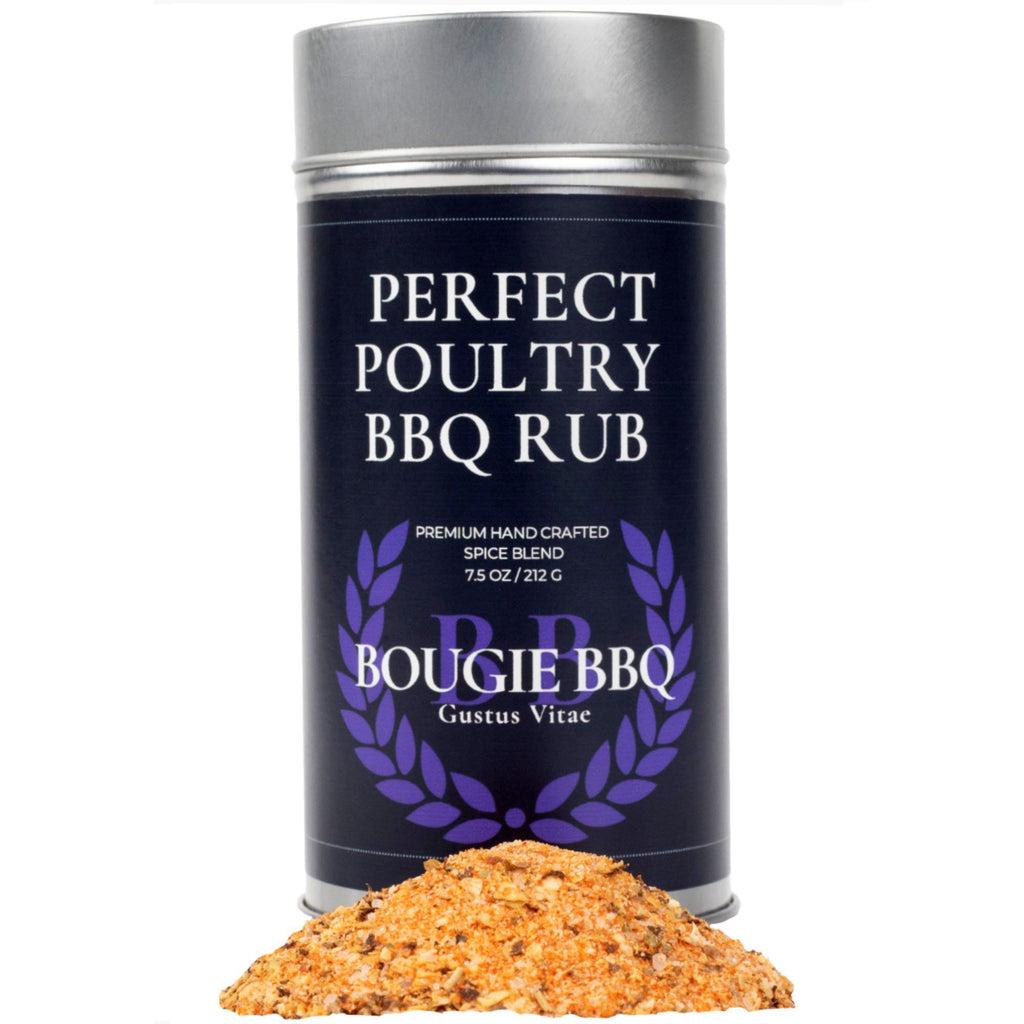 Perfect Poultry BBQ Rub gourmet seasoning blend in a clear spice jar