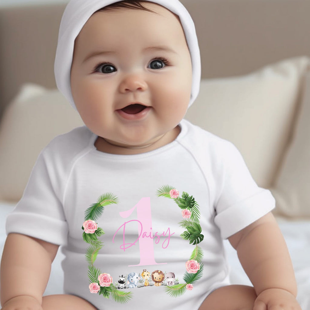 Personalised pink baby outfit with jungle animal design available as bib vest or baby grow