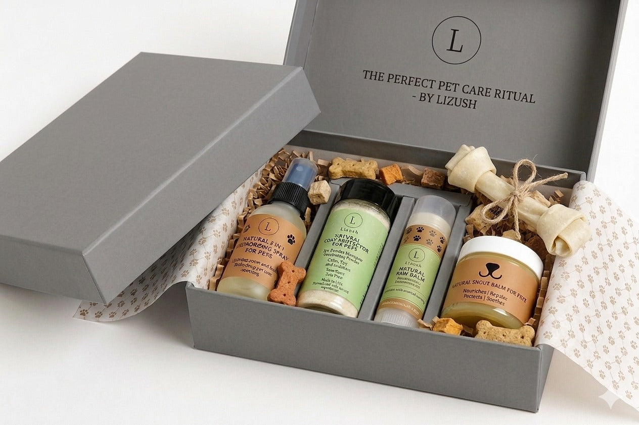 Natural pet pampering gift box with soothing balms, coat powder, room spray, and chew toys