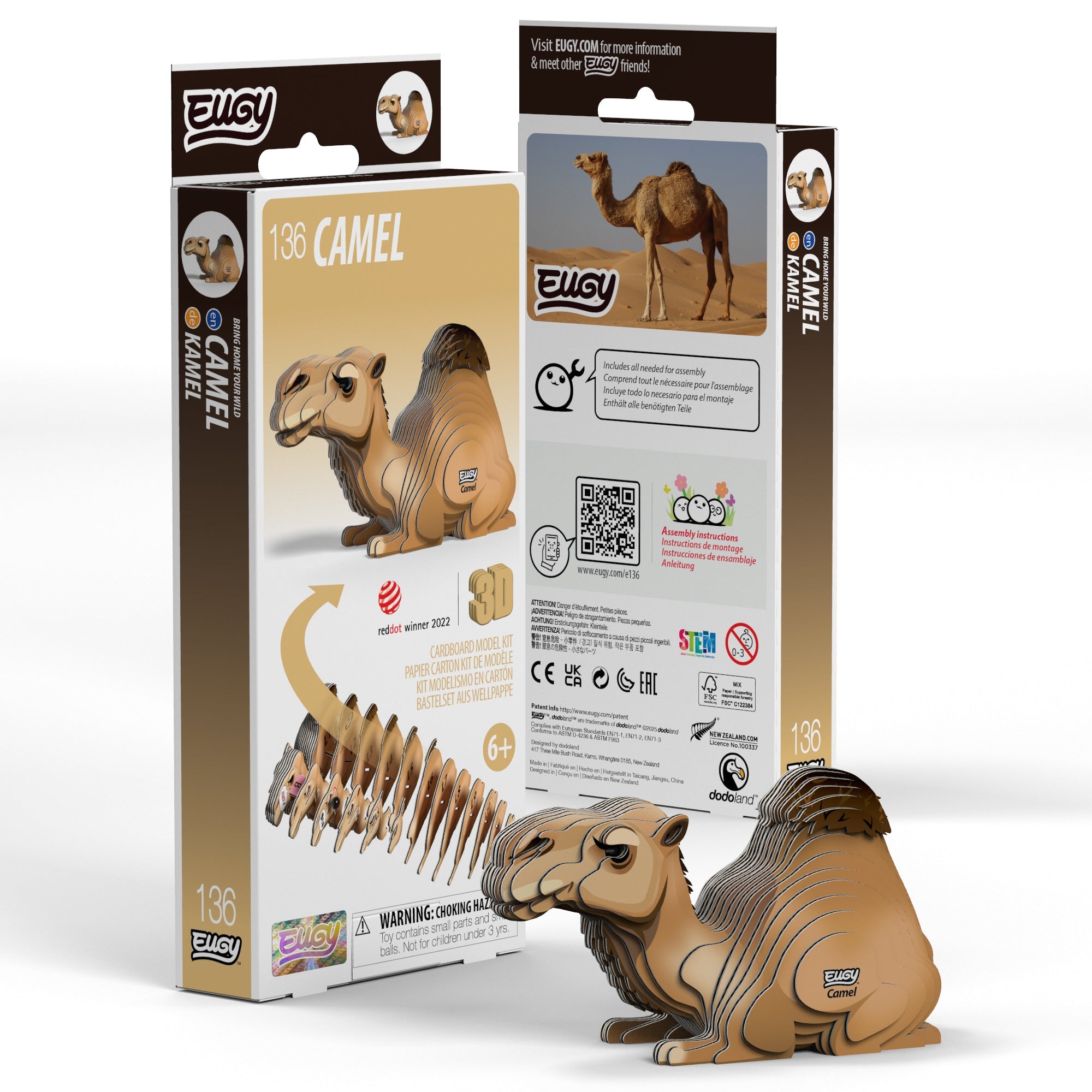 Assembled EUGY camel 3D puzzle made from biodegradable cardboard featuring a kneeling posture and single hump