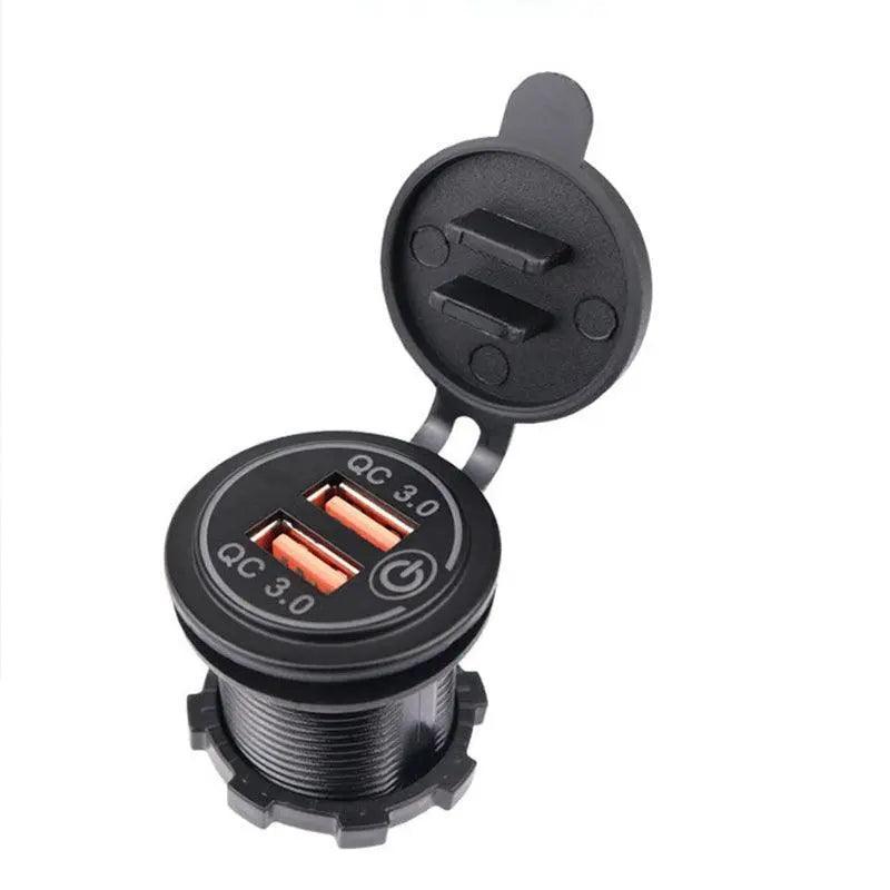 Black dual USB car charger with QC 3.0 fast charging capabilities and dust-proof cap. — view 2