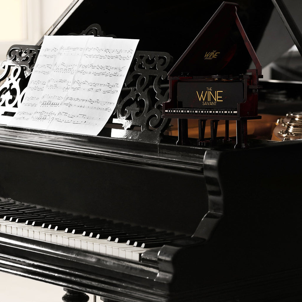 Piano shaped whiskey decanter crafted from mahogany wood with lifting lid and internal glass dispenser — view 3