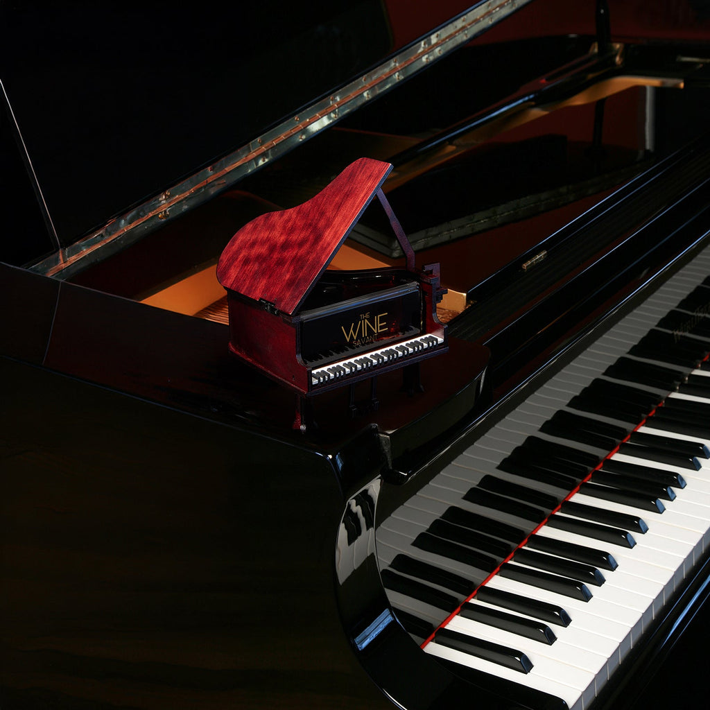 Piano shaped whiskey decanter crafted from mahogany wood with lifting lid and internal glass dispenser — view 5