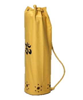 Cotton twill yoga mat bag with embroidered OM design, pull cord, and distressed bottom grommets