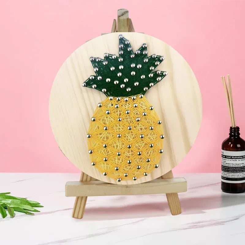 Pineapple string art kit with wooden display stand yellow and green threads and crafting pins