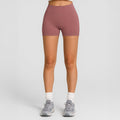 Women's athletic legging shorts in black with high rise waistband and flatlock seams