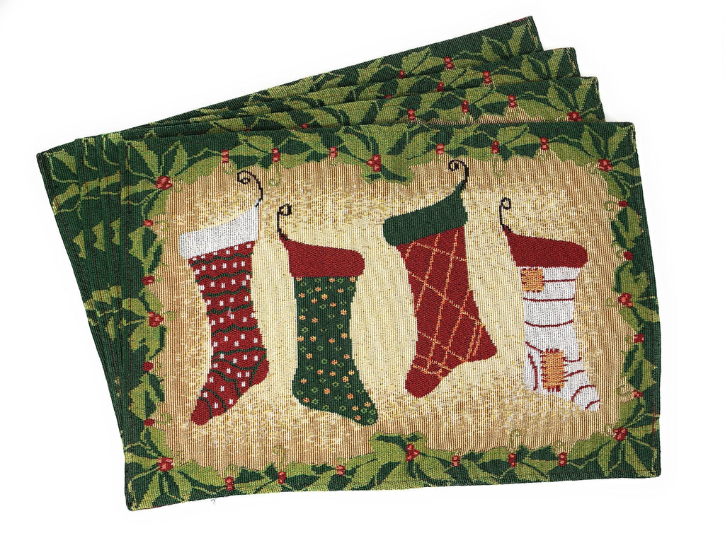 Festive woven holiday placemat set of four featuring Christmas stockings and gold thread accents — view 2
