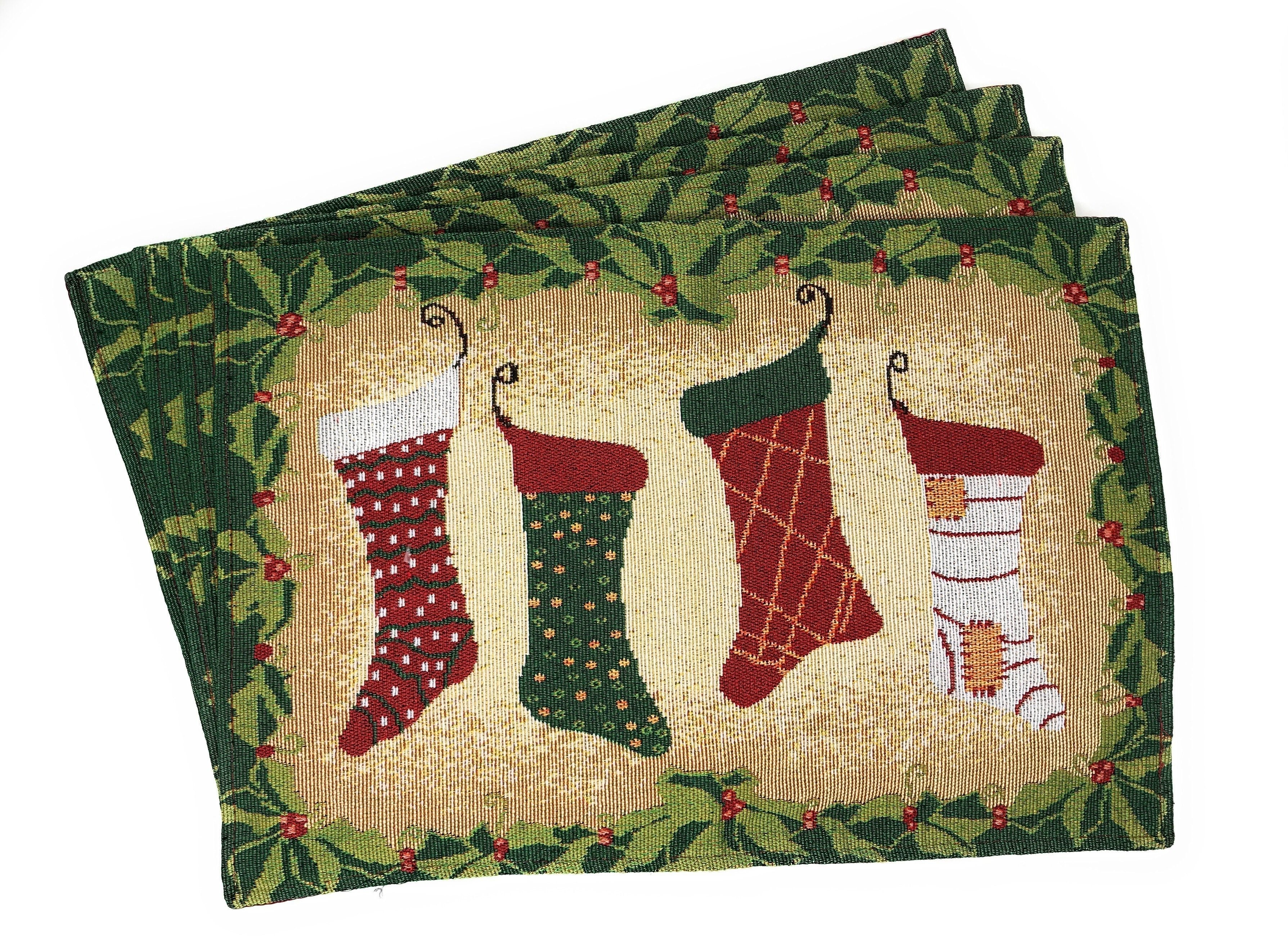 Festive woven holiday placemat set of four featuring Christmas stockings and gold thread accents — view 2
