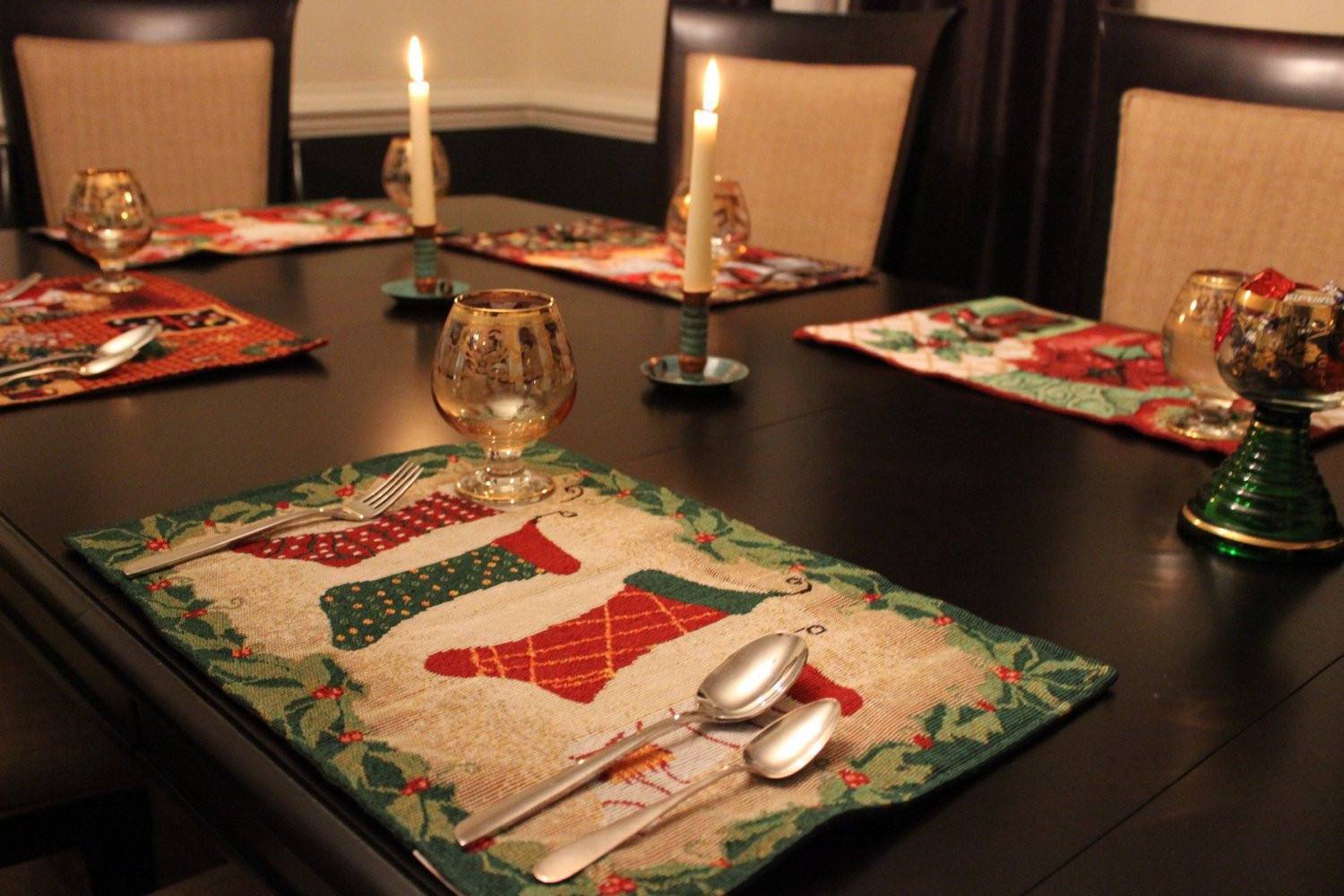 Festive woven holiday placemat set of four featuring Christmas stockings and gold thread accents — view 3