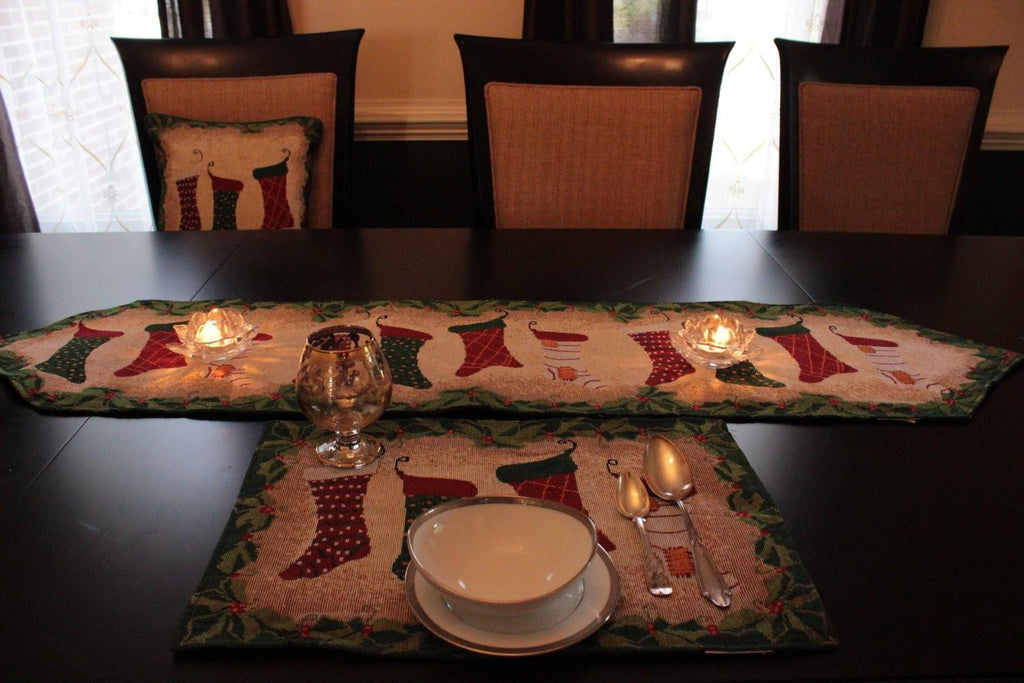 Festive woven holiday placemat set of four featuring Christmas stockings and gold thread accents — view 4