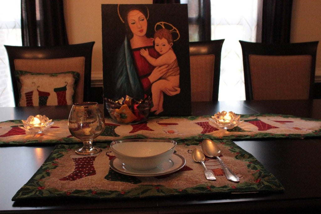 Festive woven holiday placemat set of four featuring Christmas stockings and gold thread accents — view 5