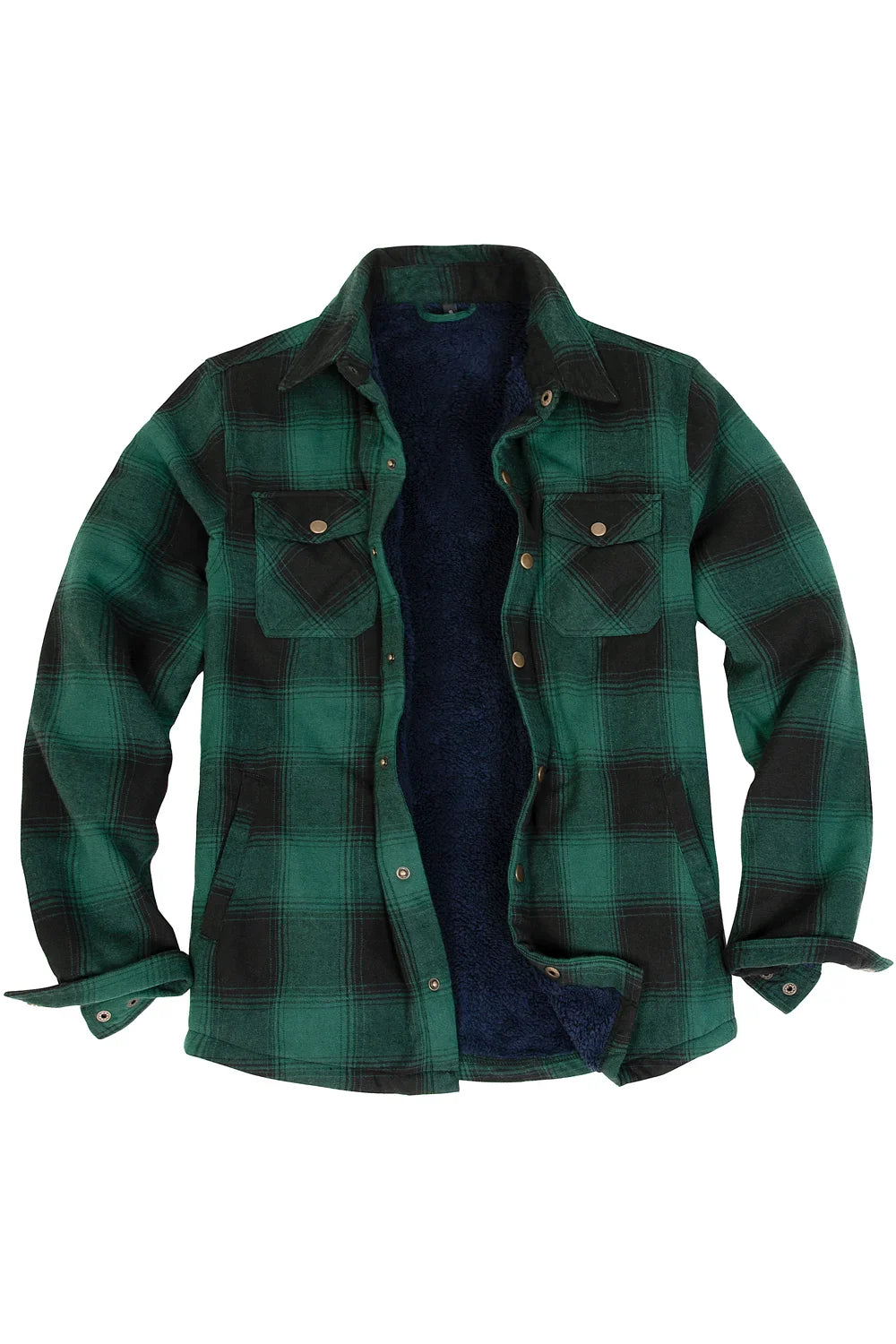Mens Sherpa lined plaid flannel shacket with snap front closure and four functional pockets — view 3