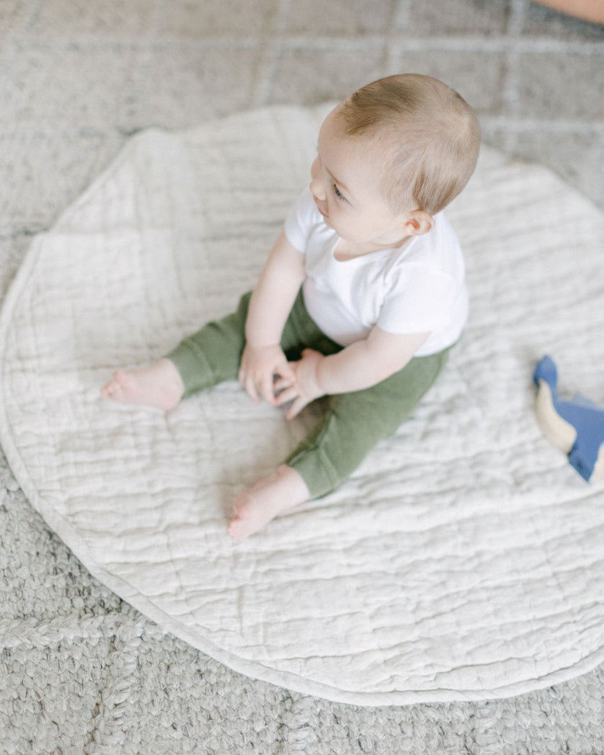 Stone washed linen quilted play mat in a neutral hue with thick, soft cotton filling — view 4