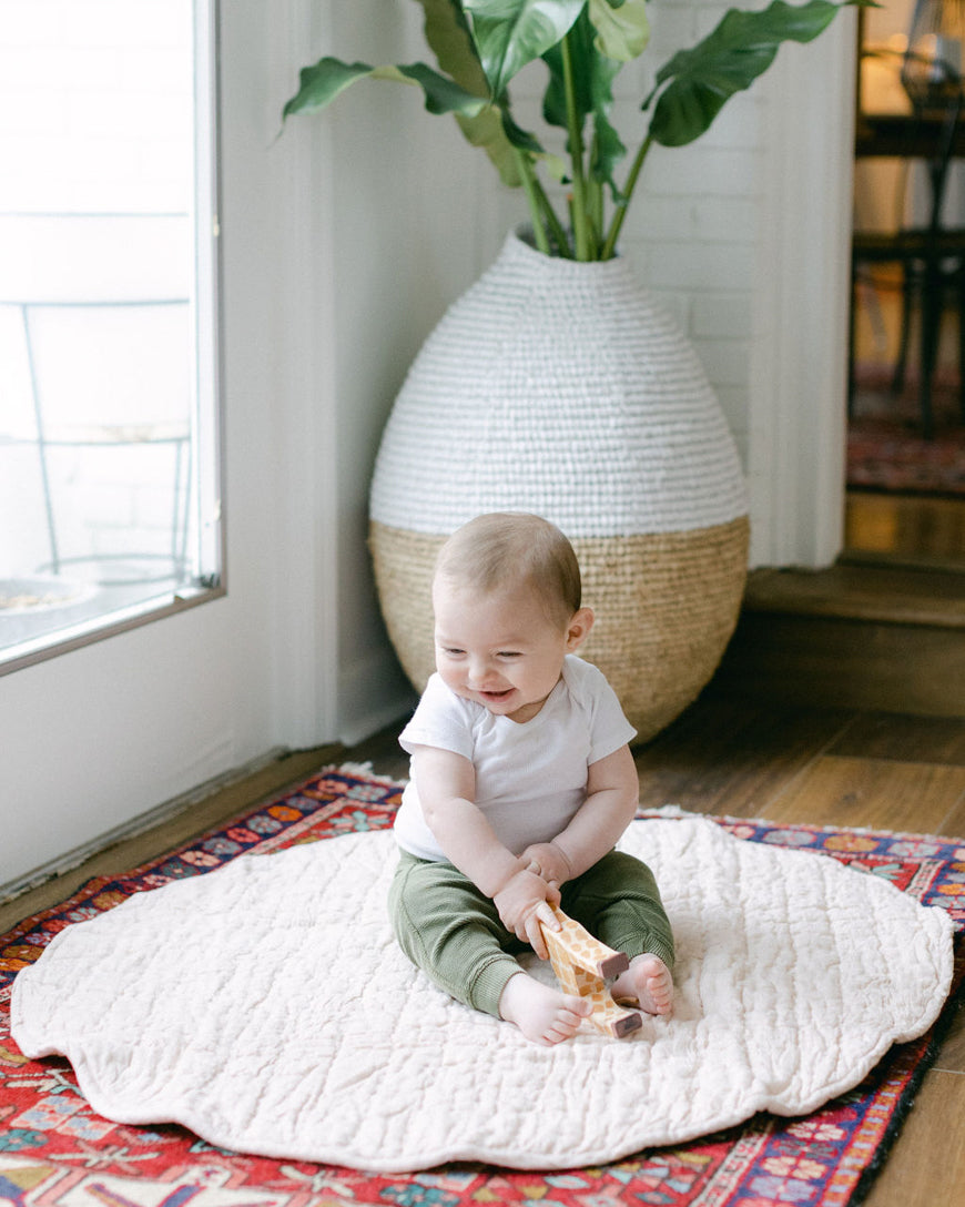 Stone washed linen quilted play mat in a neutral hue with thick, soft cotton filling — view 5