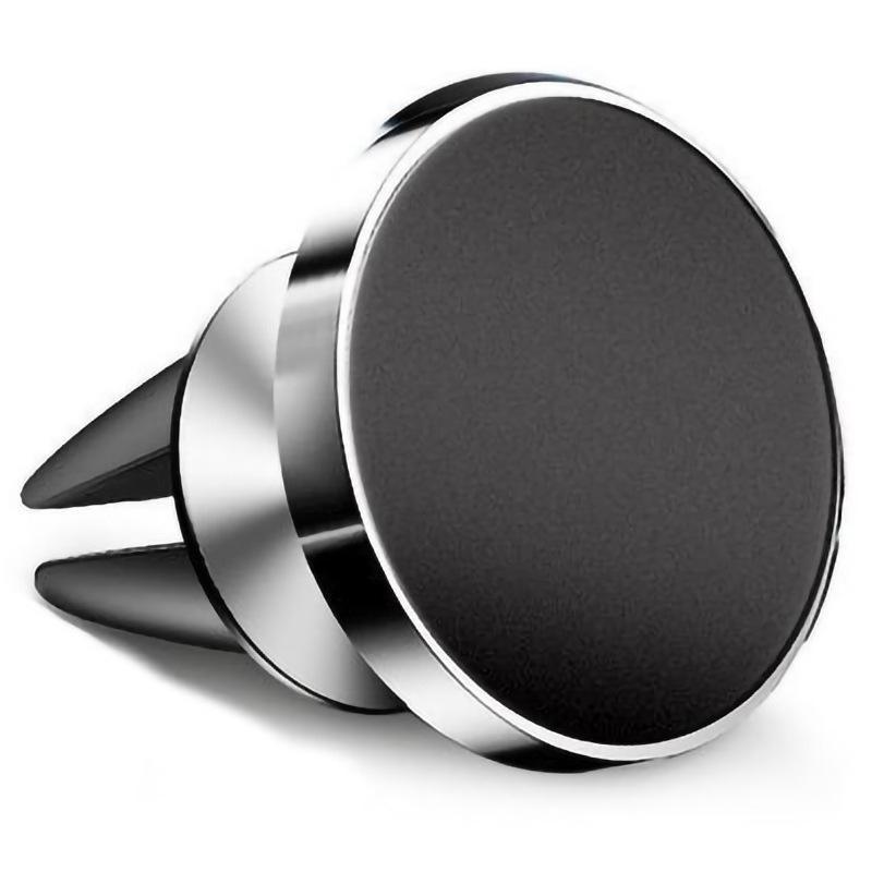 Magnetic car air vent phone mount in silver finish with secure clip and universal metal plate — view 2