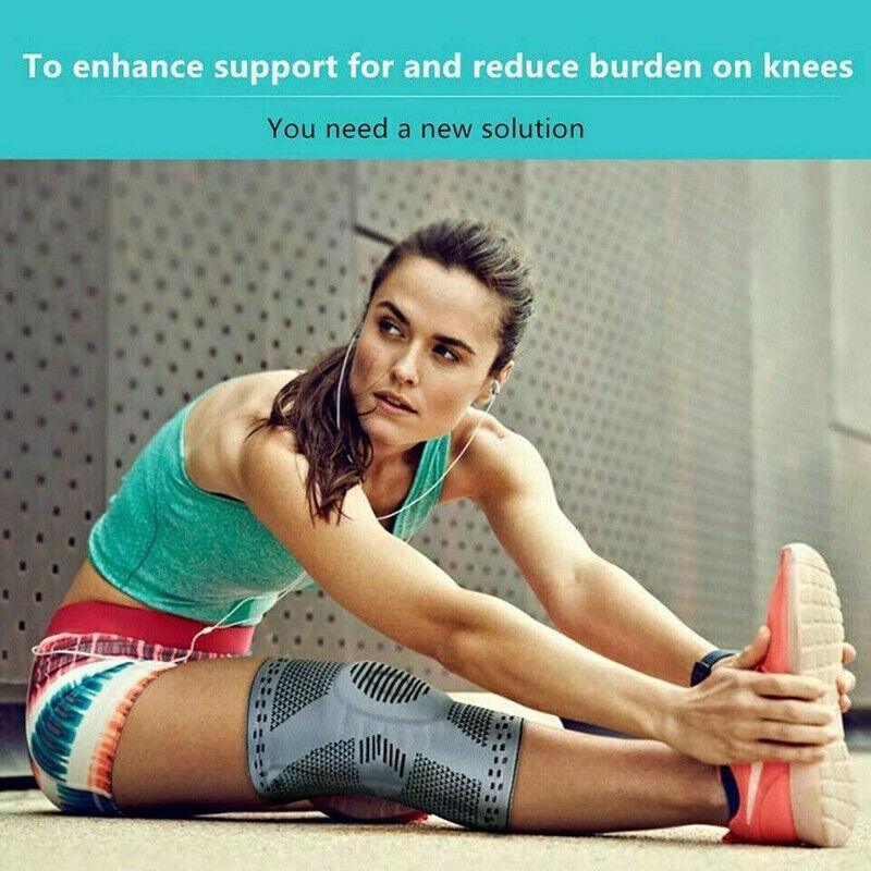 Blue knitted sports knee compression brace with silicone padding for joint support and injury prevention — view 4