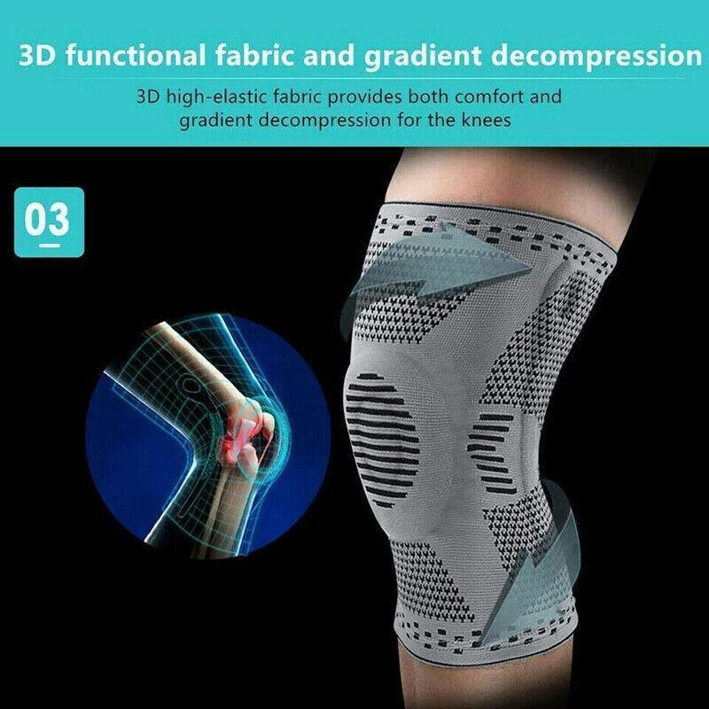 Blue knitted sports knee compression brace with silicone padding for joint support and injury prevention — view 5