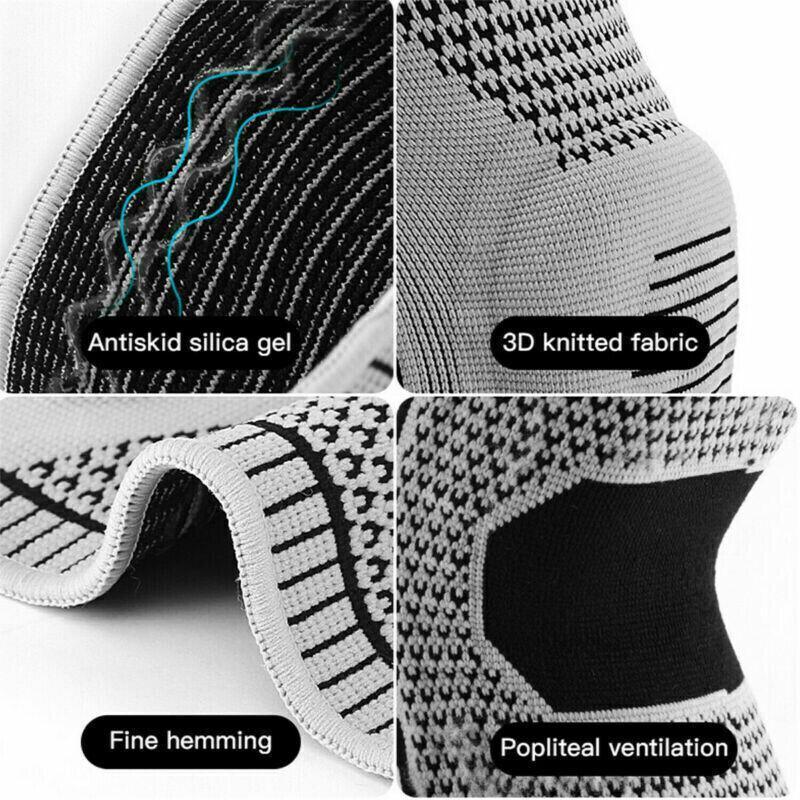 Blue knitted sports knee compression brace with silicone padding for joint support and injury prevention — view 3