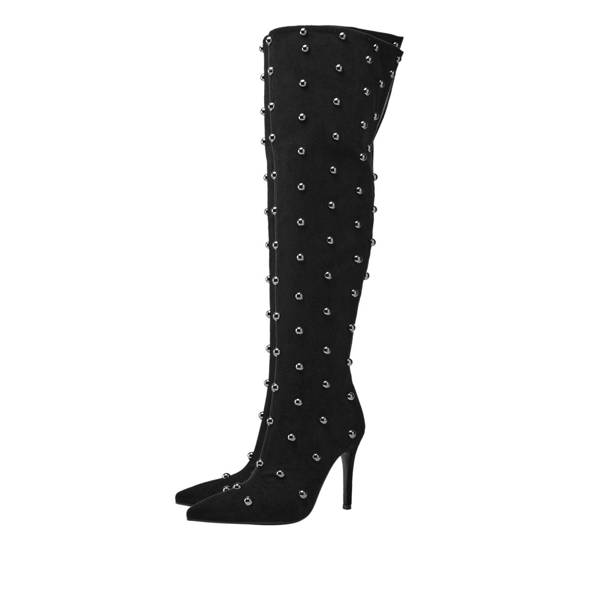 Pointed toe bead rivet knee high boots in matte suede with a tall stiletto heel — view 4