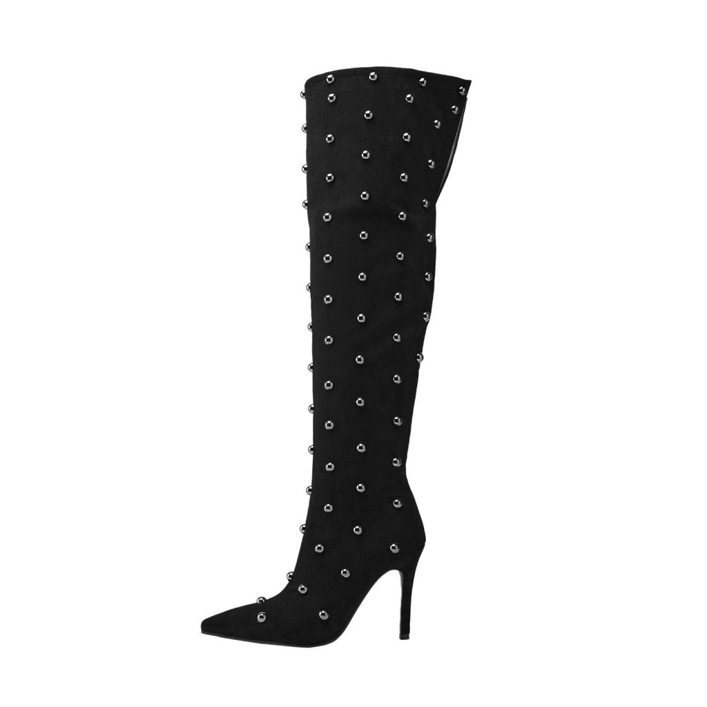 Pointed toe bead rivet knee high boots in matte suede with a tall stiletto heel