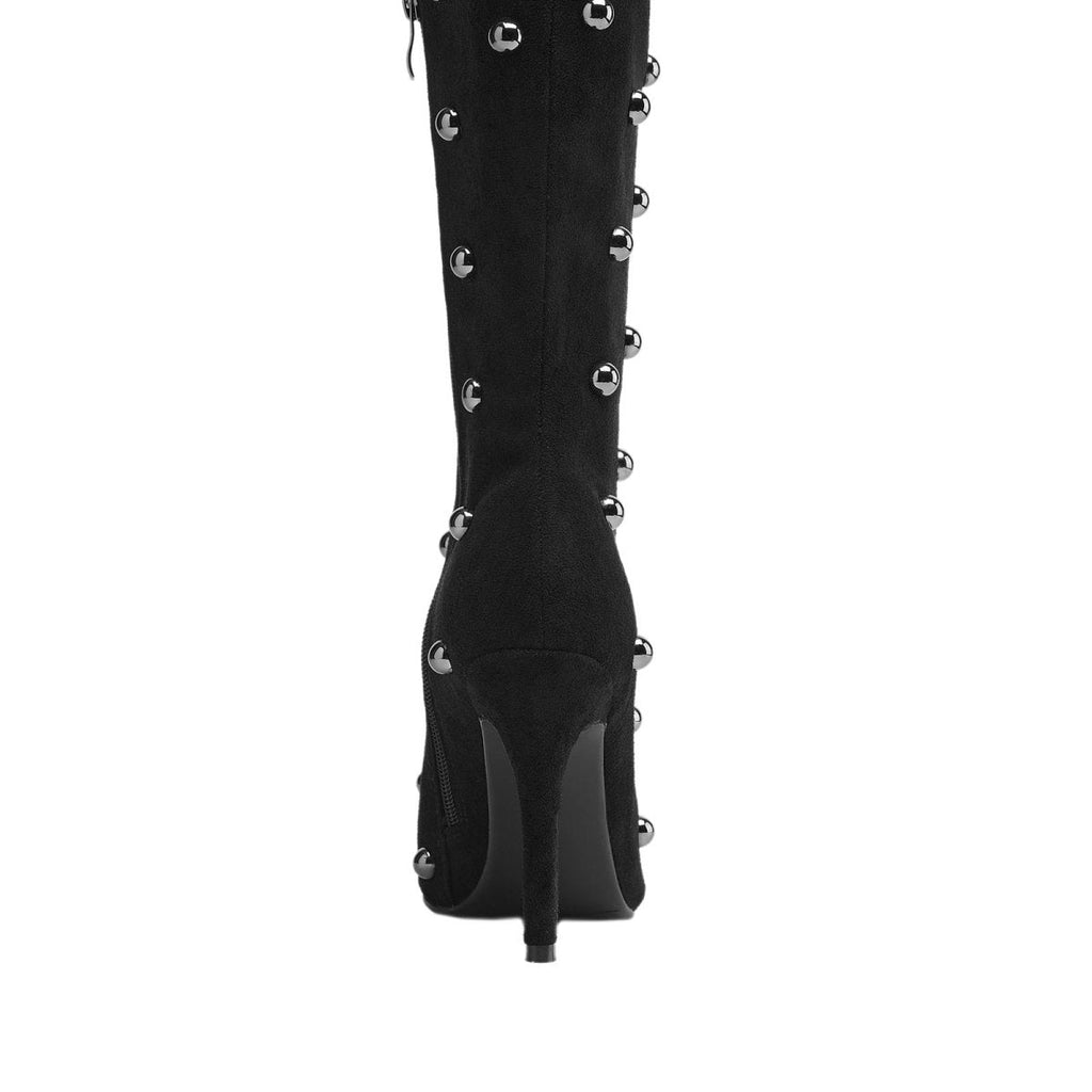 Pointed toe bead rivet knee high boots in matte suede with a tall stiletto heel — view 5