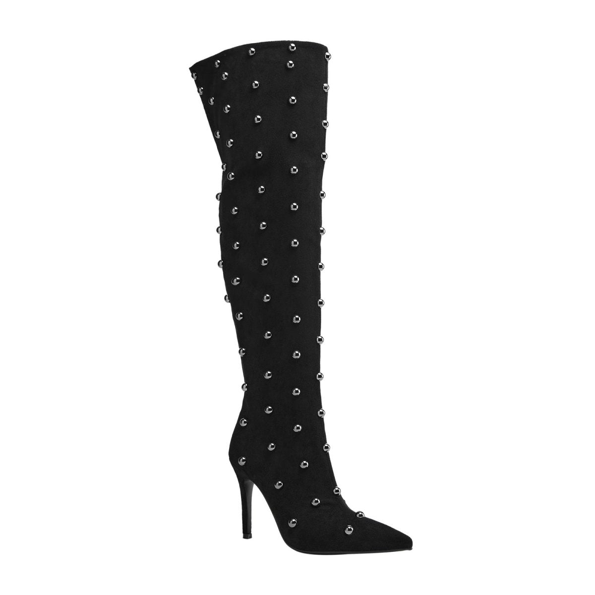 Pointed toe bead rivet knee high boots in matte suede with a tall stiletto heel — view 3