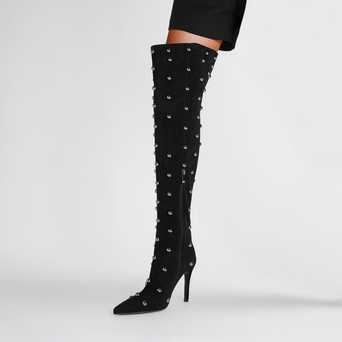 Pointed toe bead rivet knee high boots in matte suede with a tall stiletto heel — view 2