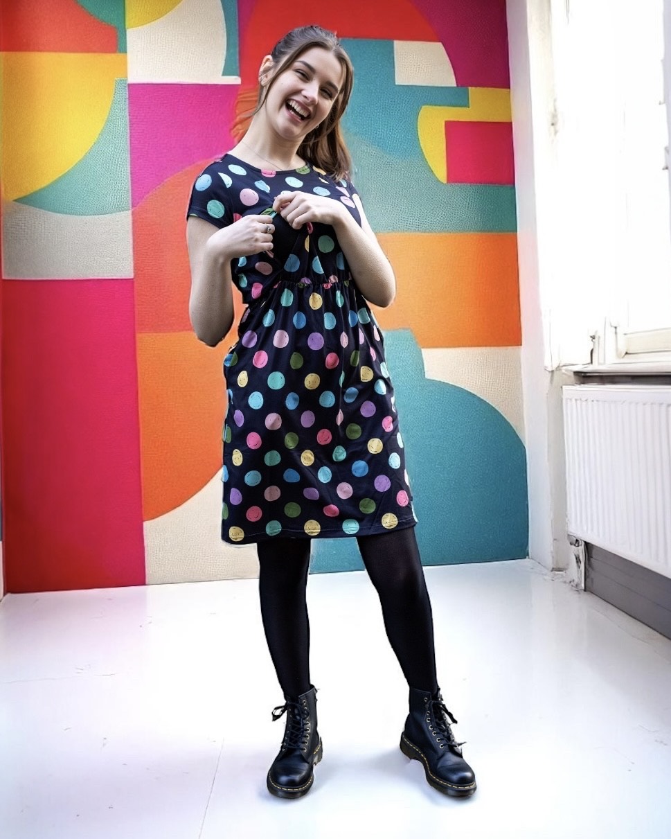 Knee length polka dot breastfeeding dress with short sleeves and hidden zips for nursing mothers — view 3