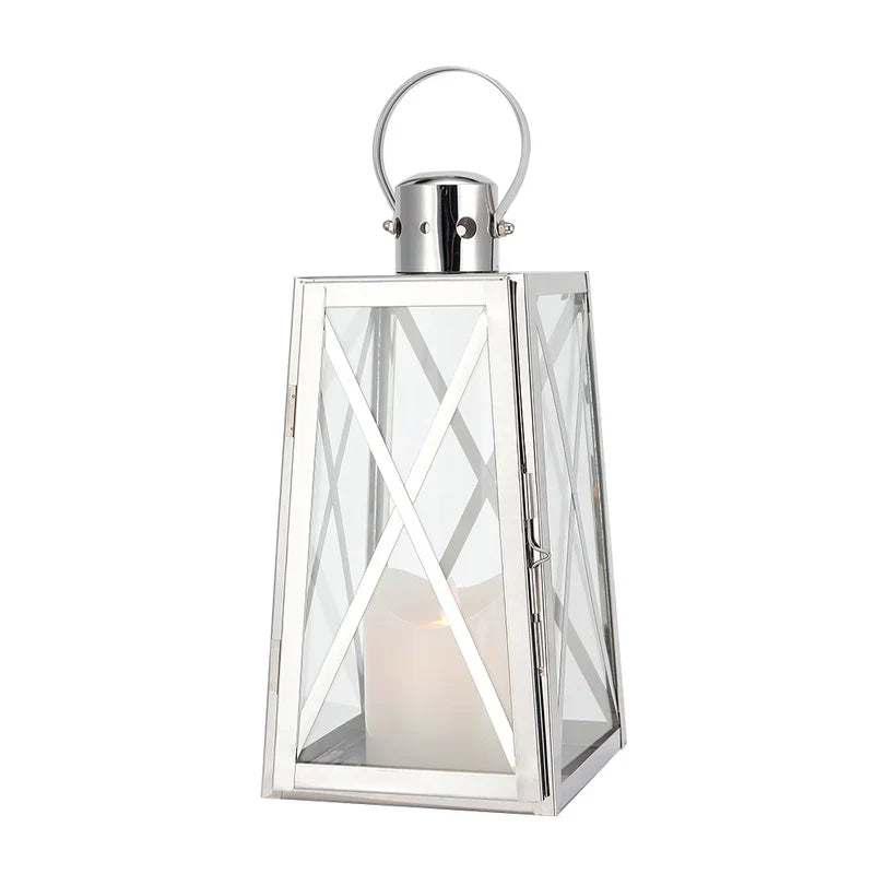 12-inch trapezoid stainless steel decorative candle lantern with tempered glass panels and top handle — view 5