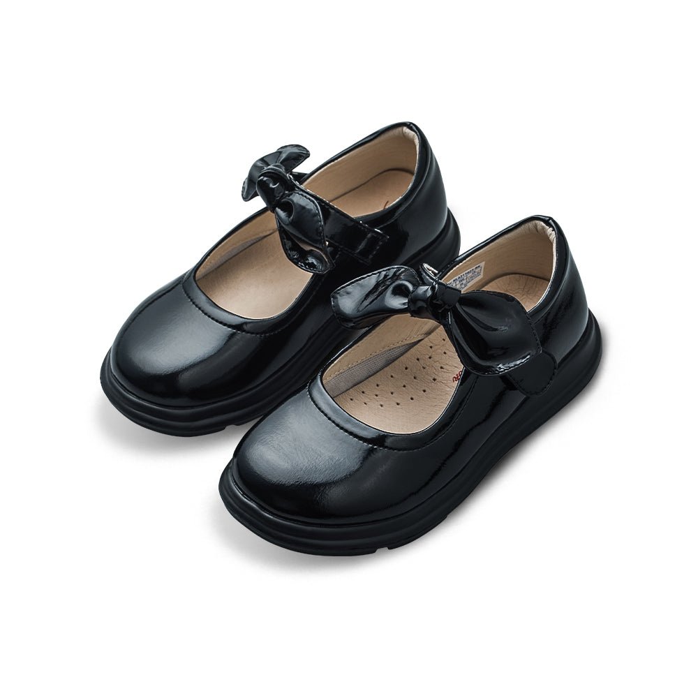 Girls leather school shoes with front bow detail, soft sole padding, and slip-resistant rubber bottoms — view 3