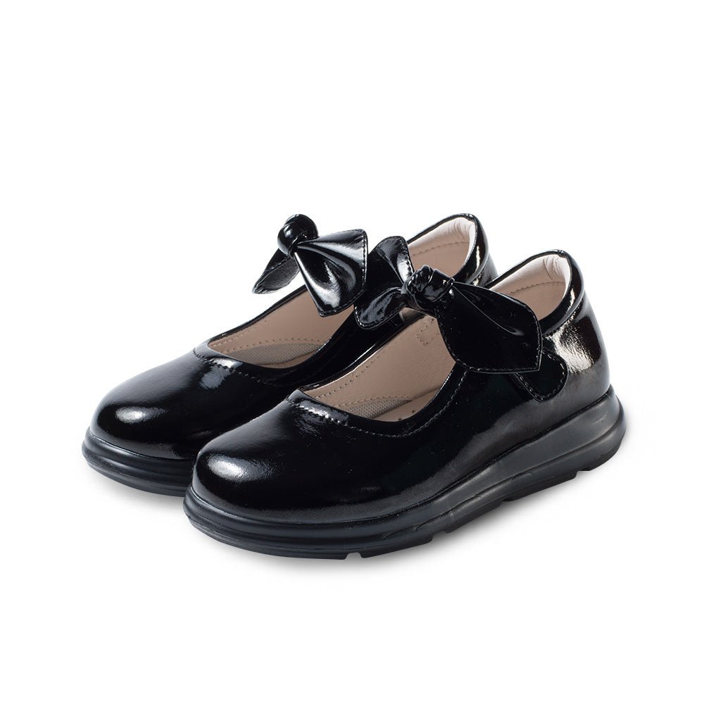 Girls leather school shoes with front bow detail, soft sole padding, and slip-resistant rubber bottoms — view 2
