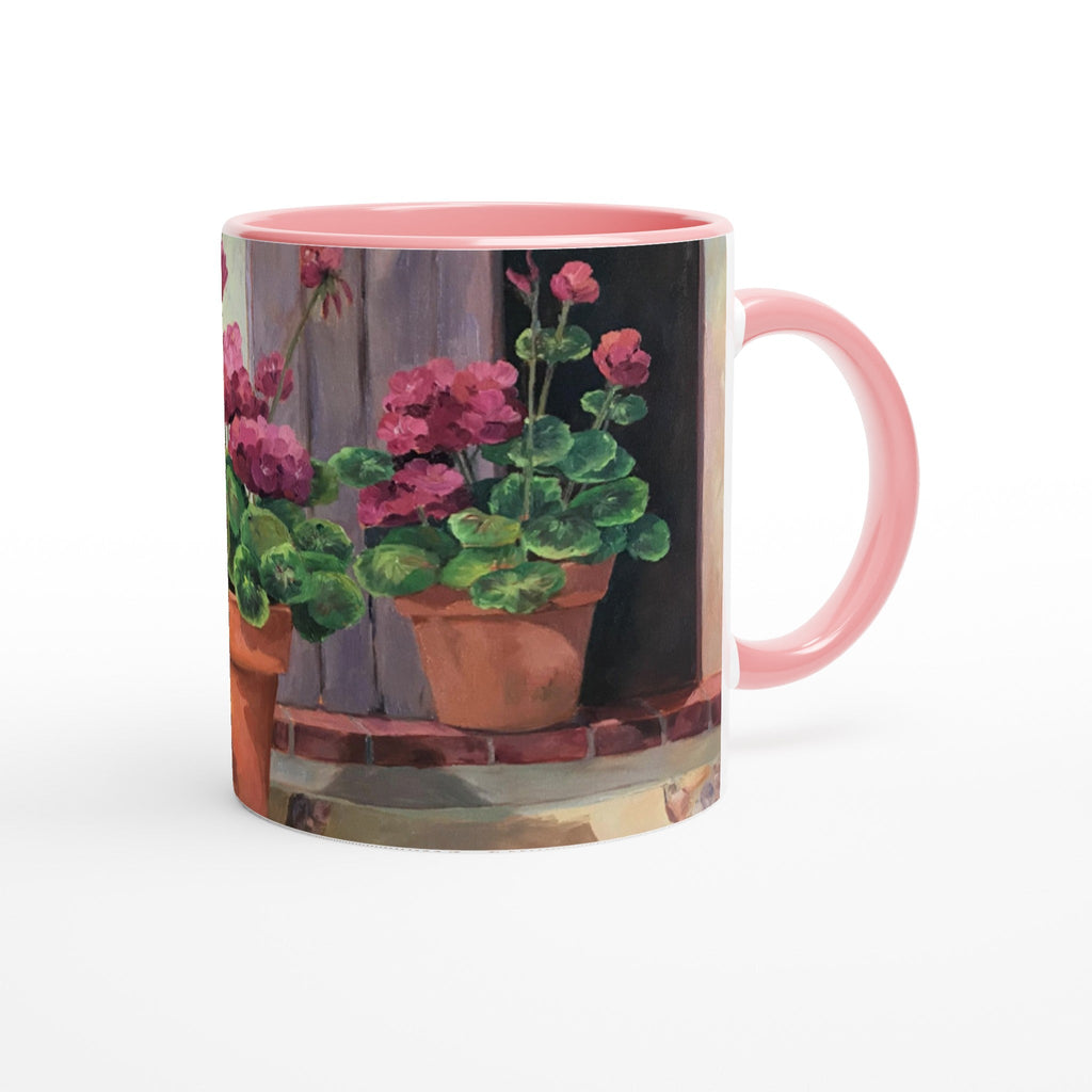 11oz White Ceramic Mug with Color Inside | Coffee Cup with 'Potted Red Geraniums Series 1' Floral Artwork by American Artist Barbara Cleary-1