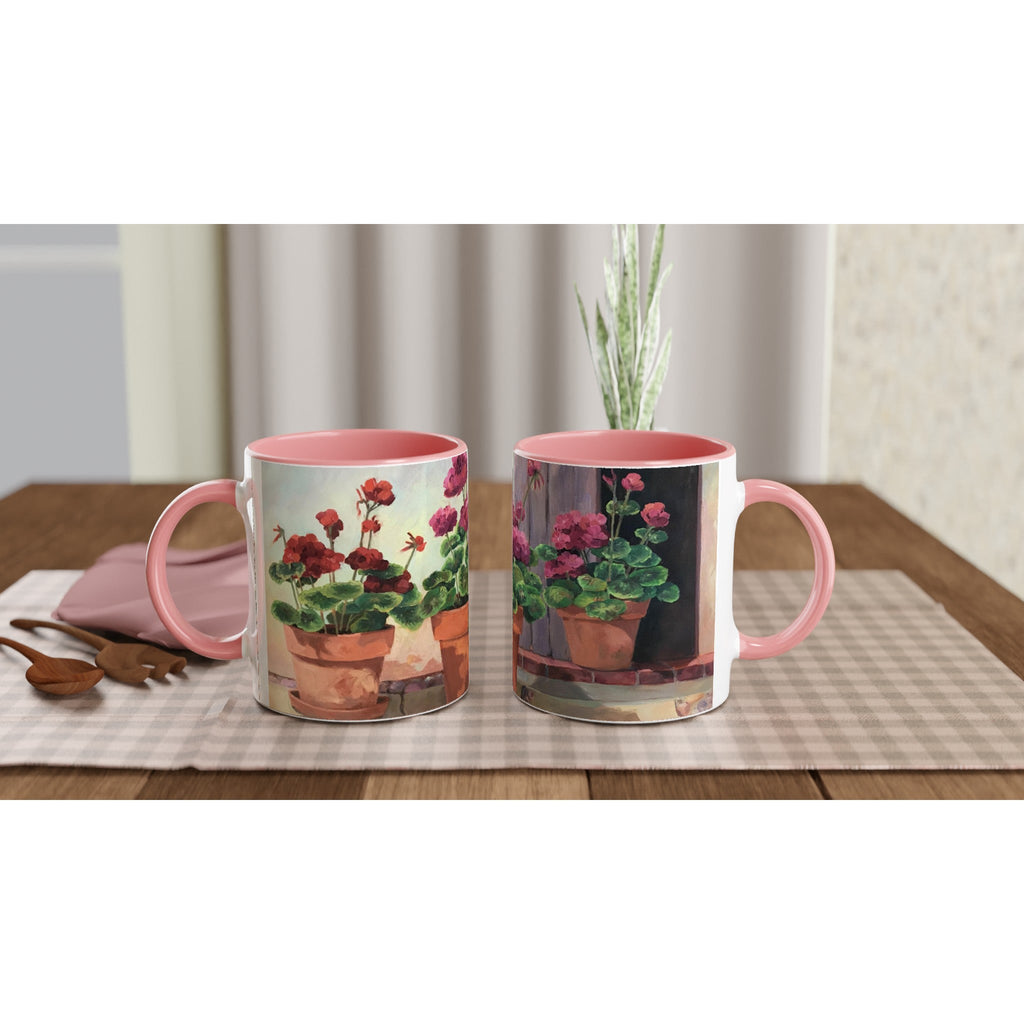 11oz White Ceramic Mug with Color Inside | Coffee Cup with 'Potted Red Geraniums Series 1' Floral Artwork by American Artist Barbara Cleary-3