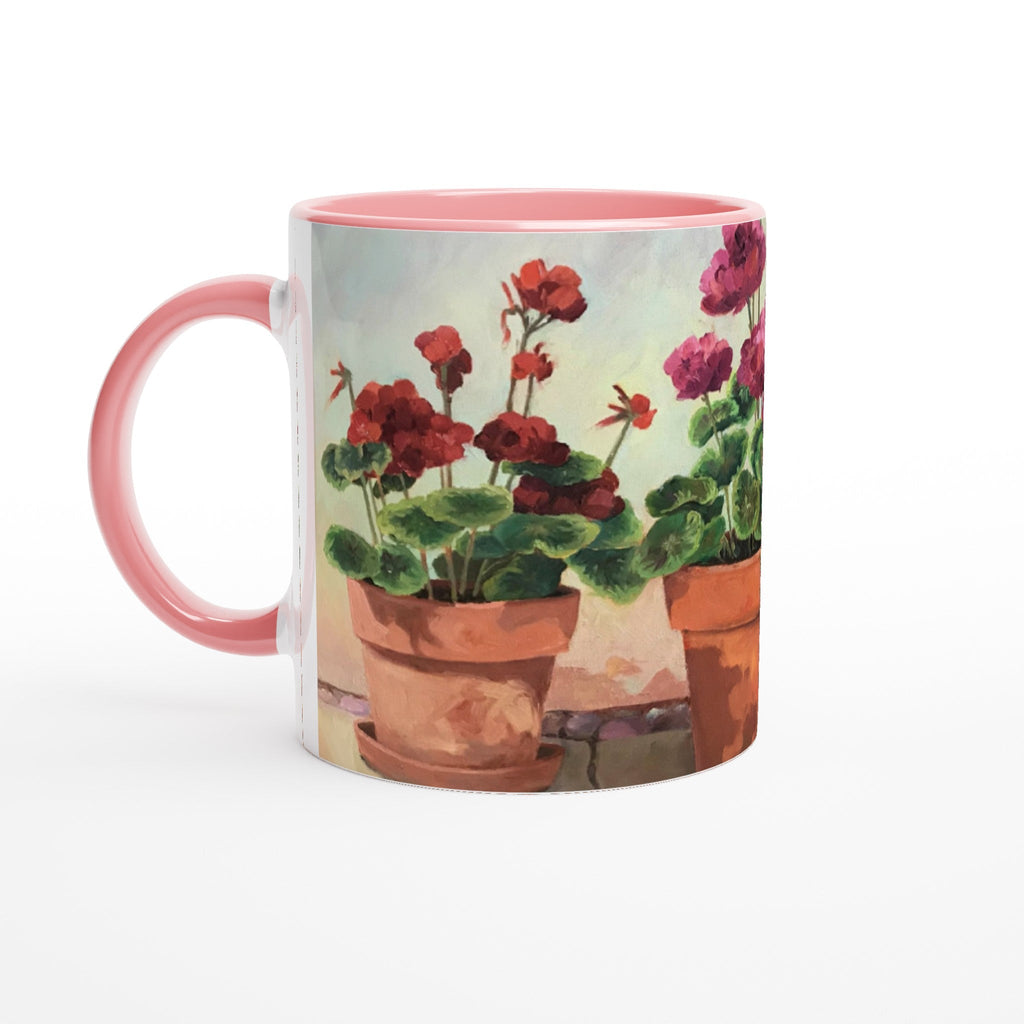 11oz White Ceramic Mug with Color Inside | Coffee Cup with 'Potted Red Geraniums Series 1' Floral Artwork by American Artist Barbara Cleary-0