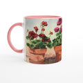 11oz White Ceramic Mug with Color Inside | Coffee Cup with 'Potted Red Geraniums Series 1' Floral Artwork by American Artist Barbara Cleary-0