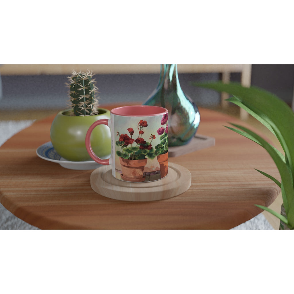 11oz White Ceramic Mug with Color Inside | Coffee Cup with 'Potted Red Geraniums Series 1' Floral Artwork by American Artist Barbara Cleary-4