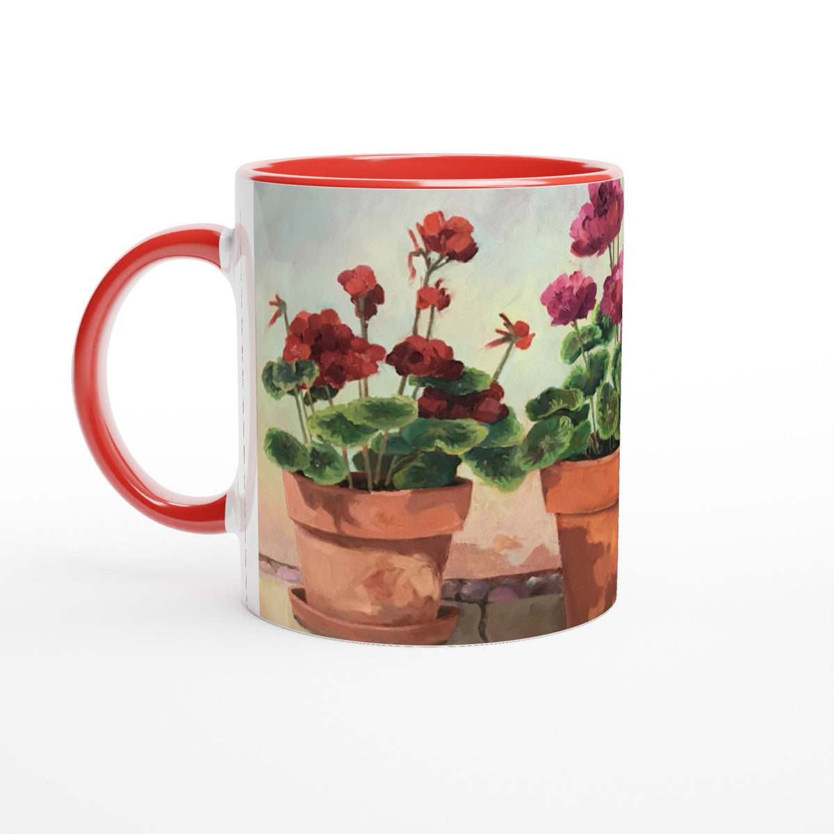 11oz White Ceramic Mug with Color Inside | Coffee Cup with 'Potted Red Geraniums Series 1' Floral Artwork by American Artist Barbara Cleary-2