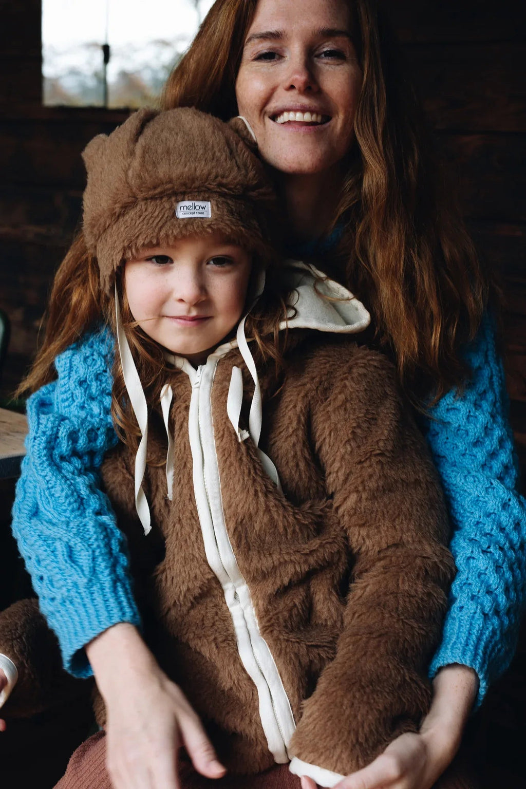 Brown teddy textured woolen baby hat with cute bear ears and long secure tie straps — view 5