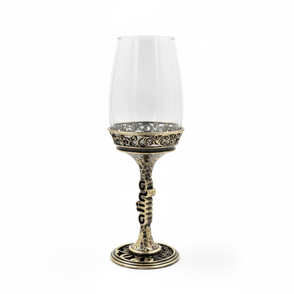 Personalized clear borosilicate wine glass set featuring uniquely engraved metallic electro-formed stems and custom bases — view 4