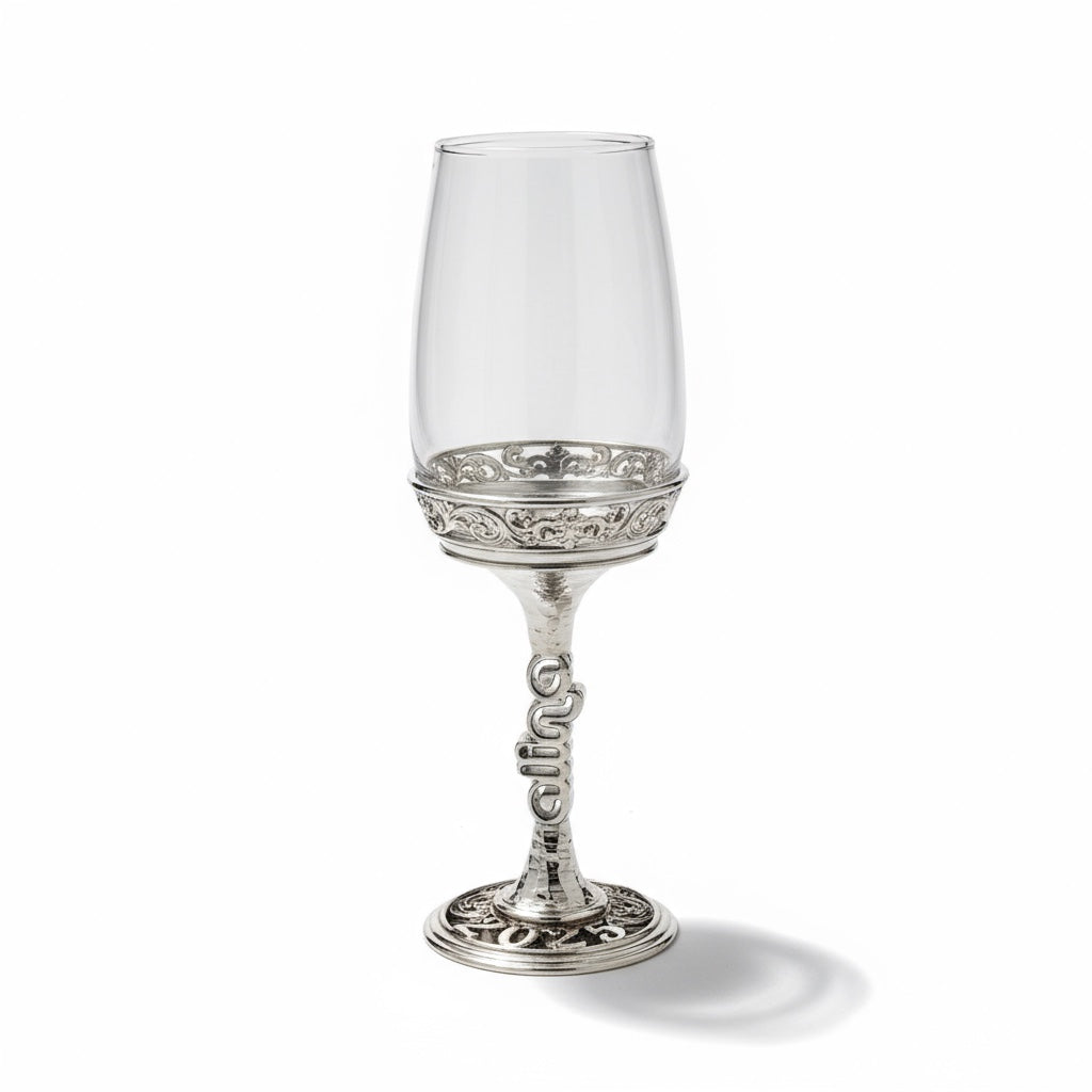 Personalized clear borosilicate wine glass set featuring uniquely engraved metallic electro-formed stems and custom bases — view 3