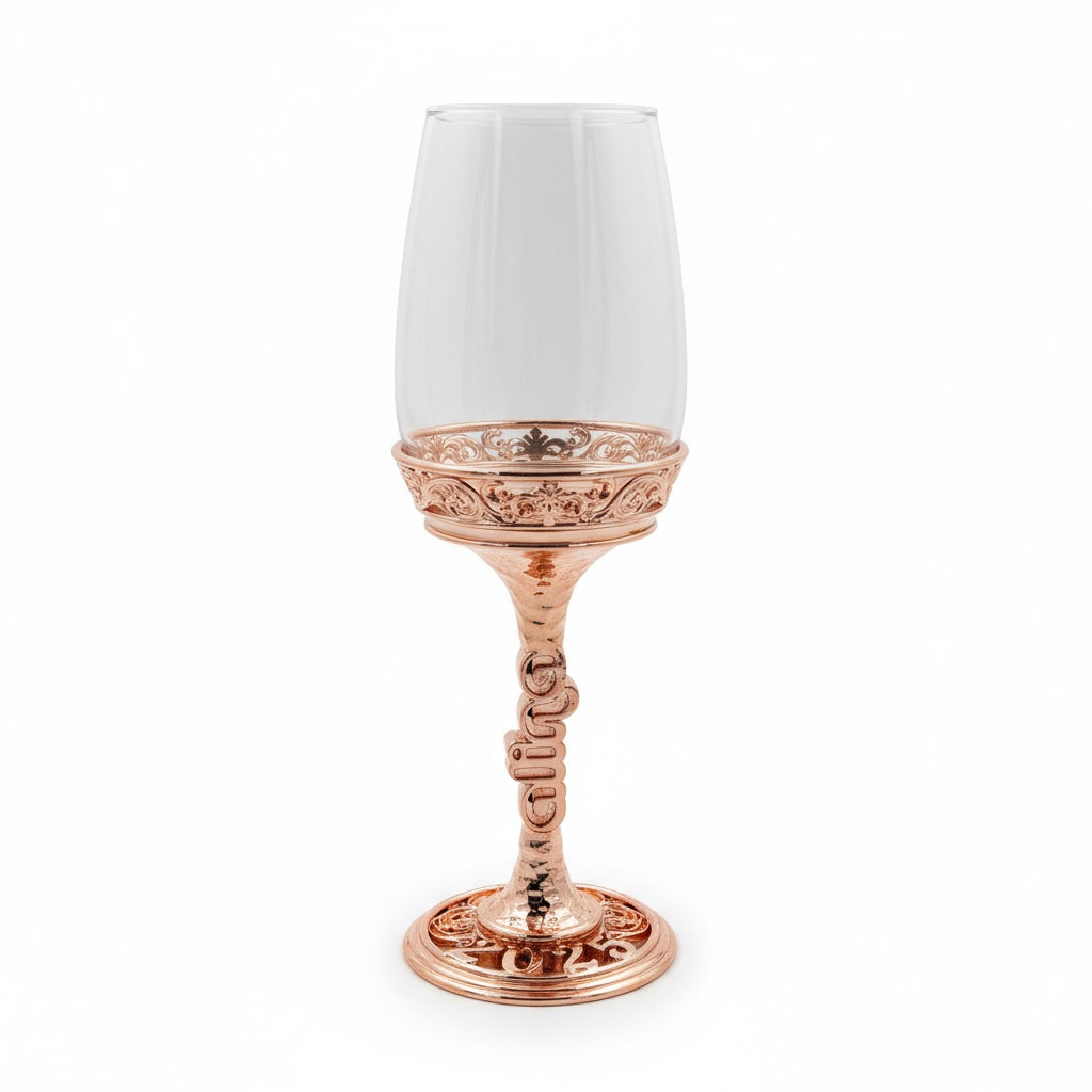 Personalized clear borosilicate wine glass set featuring uniquely engraved metallic electro-formed stems and custom bases — view 2